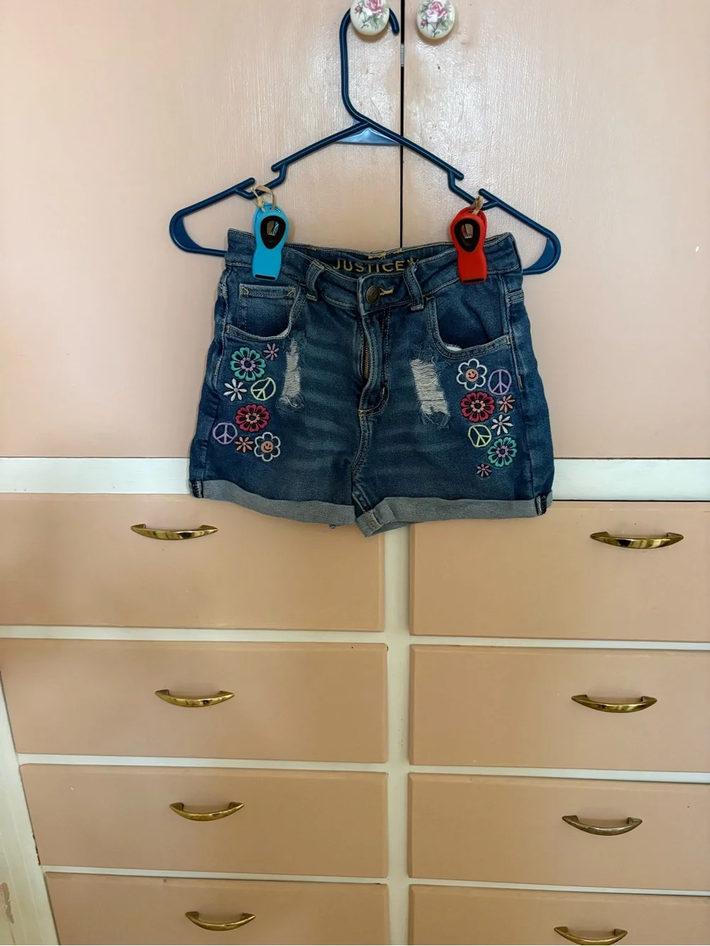 Justice Blue Denim Shorts with Gold Stitching